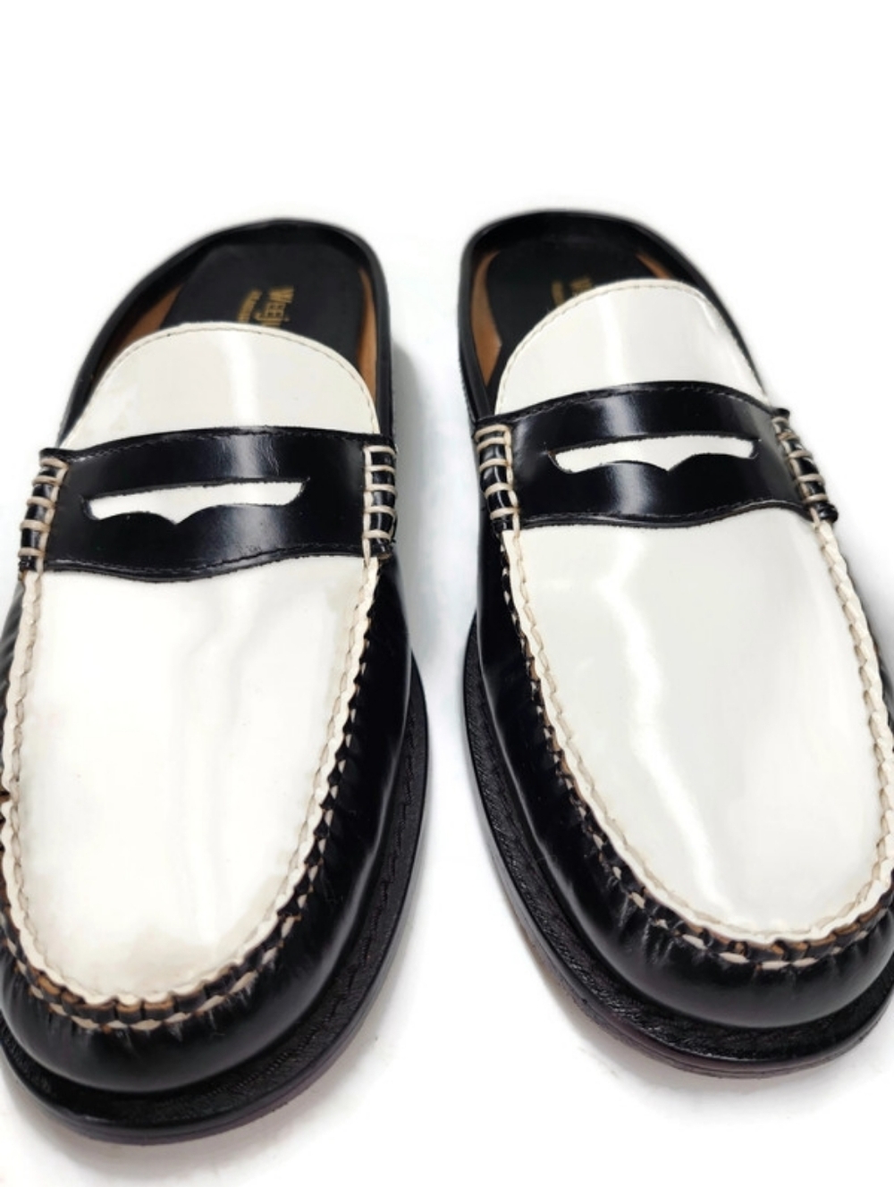 G.H. Bass Weejuns Wynn Black & White Leather Handsewn Slip-On Penny Loafer Mules - Picture 6 of 13